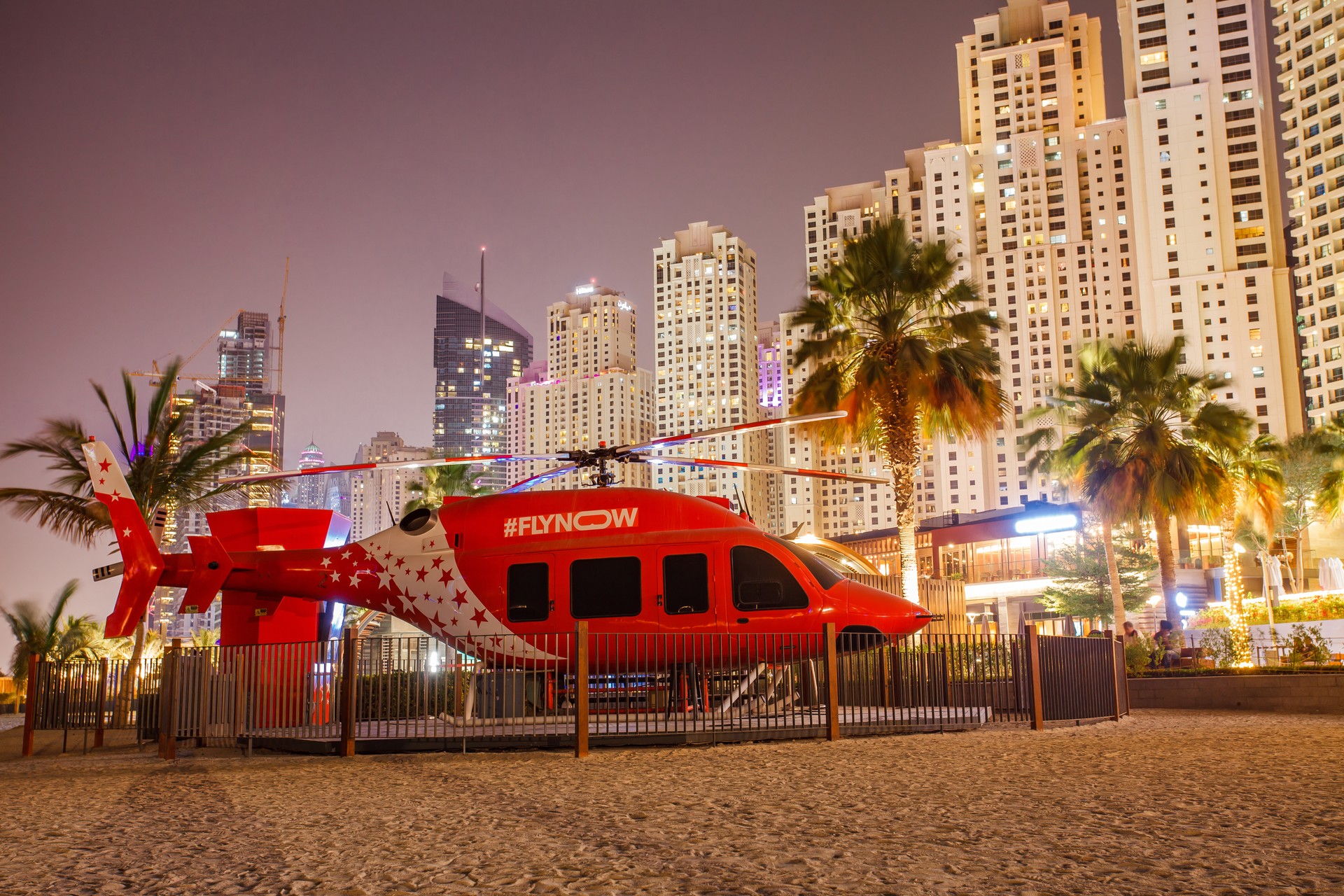 Dubai Marina night view, helicopter Tour on JBR Beach.